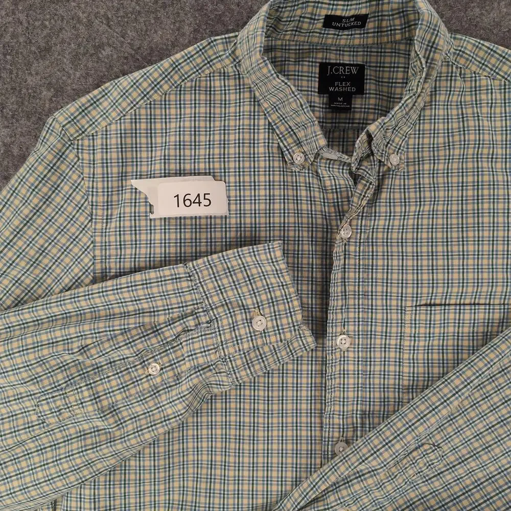J Crew Shirt Mens Medium Yellow Plaid Button Up Flex Washed Slim Stretch